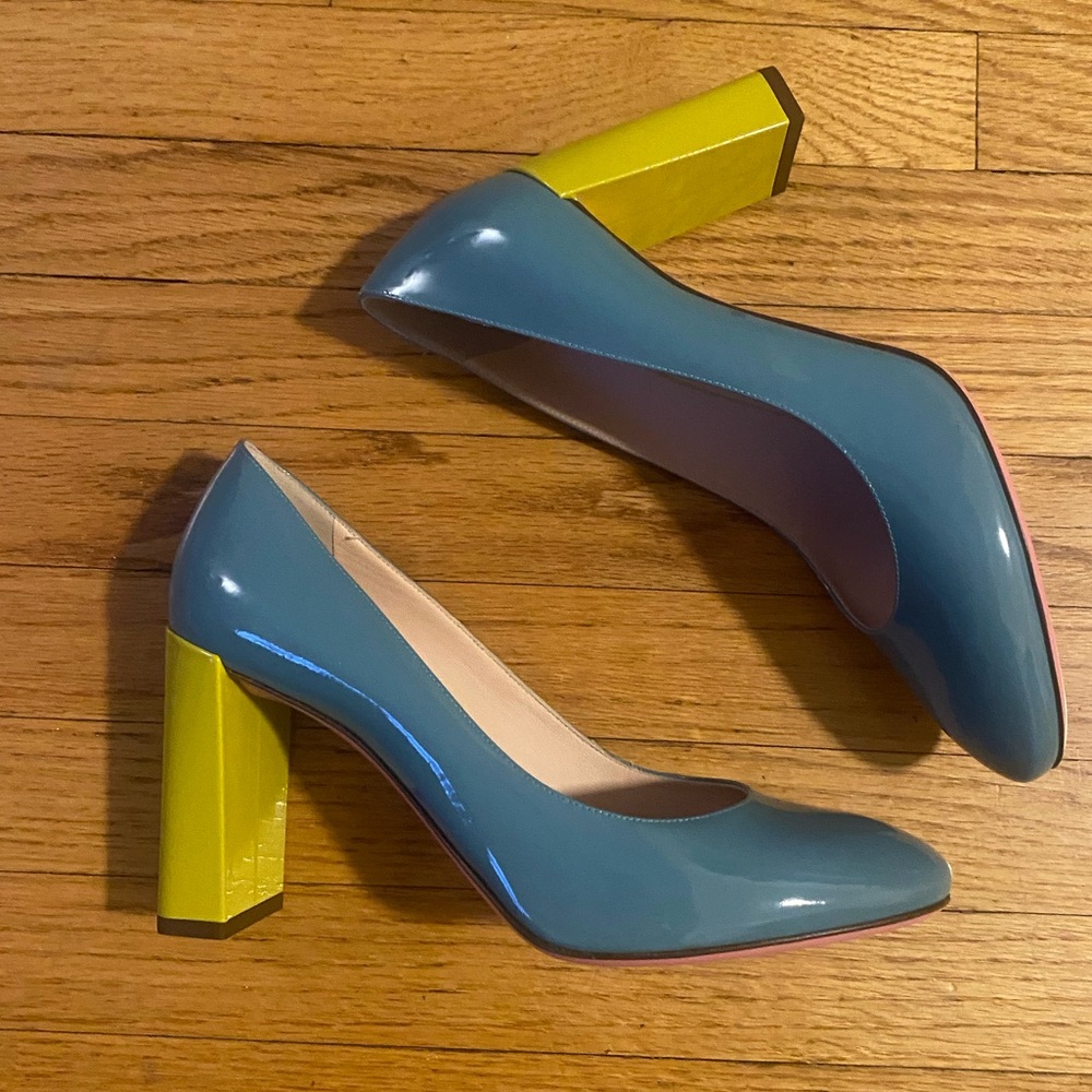 Blue Patent Block-Heel Pumps with Yellow Heel - Women